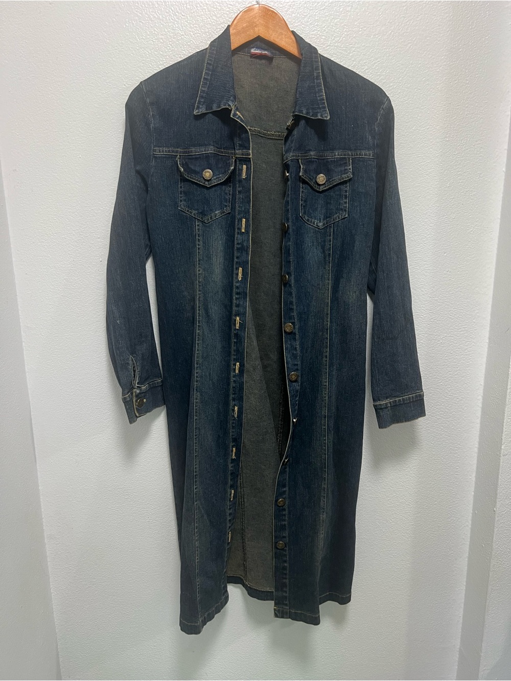 Vintage Monteau Long Denim Button-Front duster Jacket Coat - Dark Blue